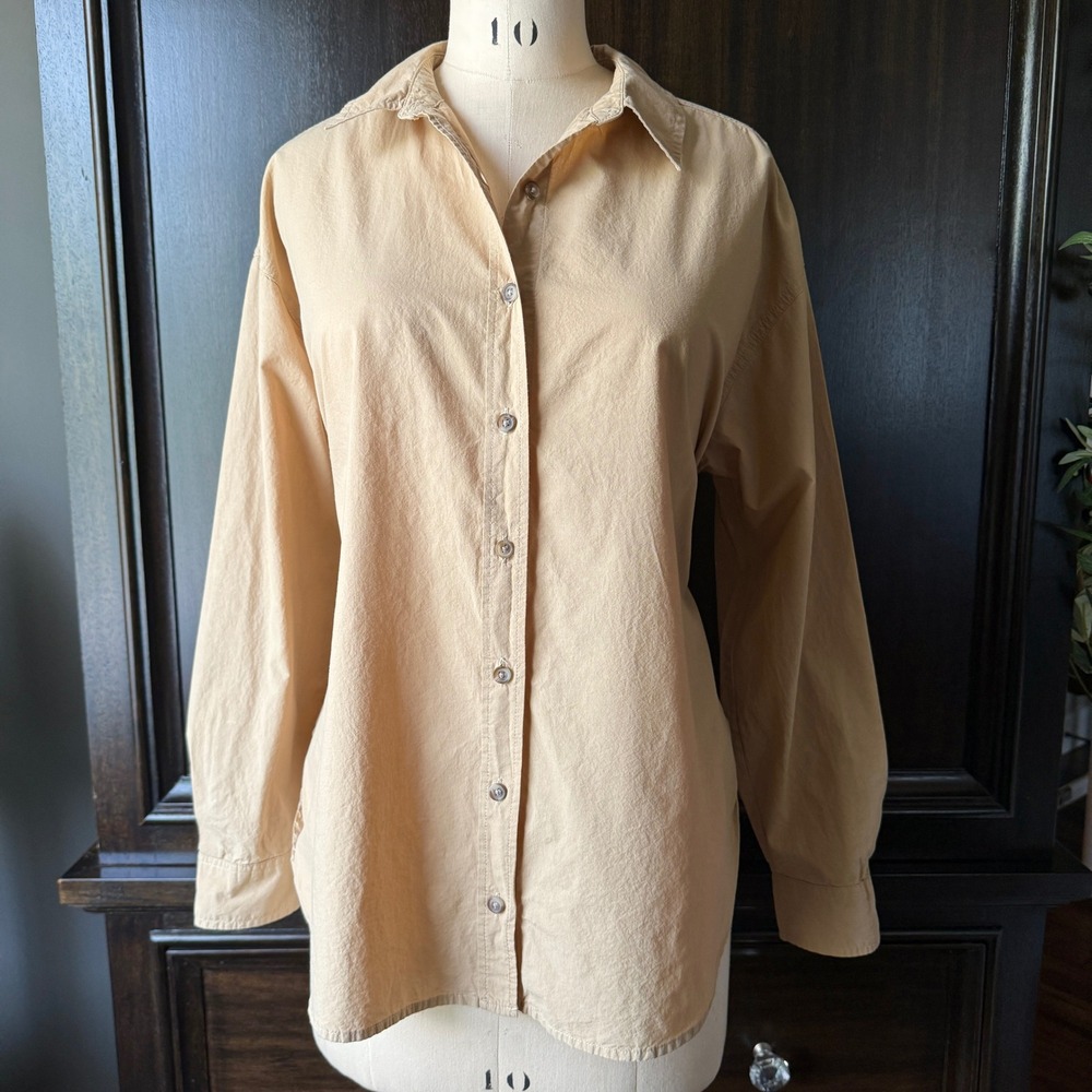 Cotton Button Front Shirt Oversized Fit Long Sleeve Tan Size M Minimal 90s‎